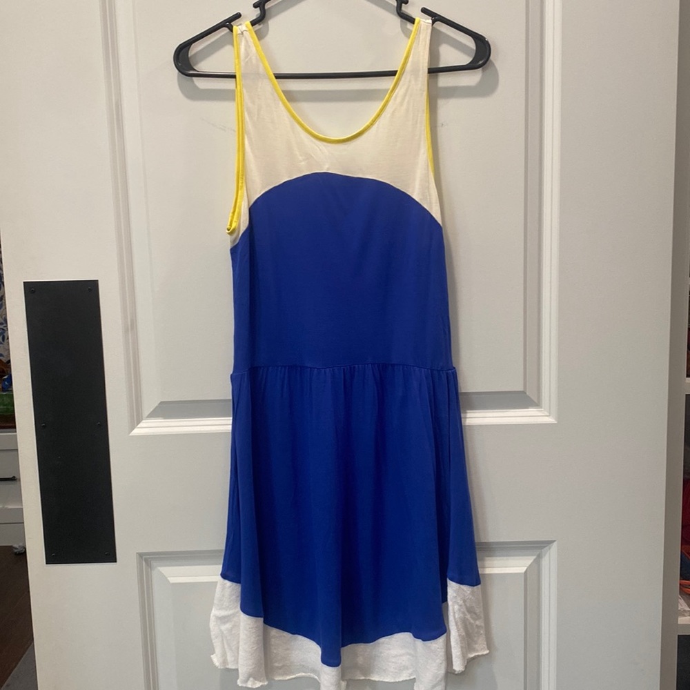 Blue and white dress with yellow trim